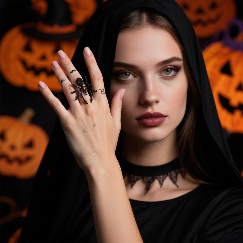 ANGLEQUEEN Punk Halloween Spider Rings for Women Knuckle Black Spider Web Bat Ring Gothic Vintage Dark Crystal Ring Red Rhinestone Statement Rings Halloween Witch Jewelry - Image 4